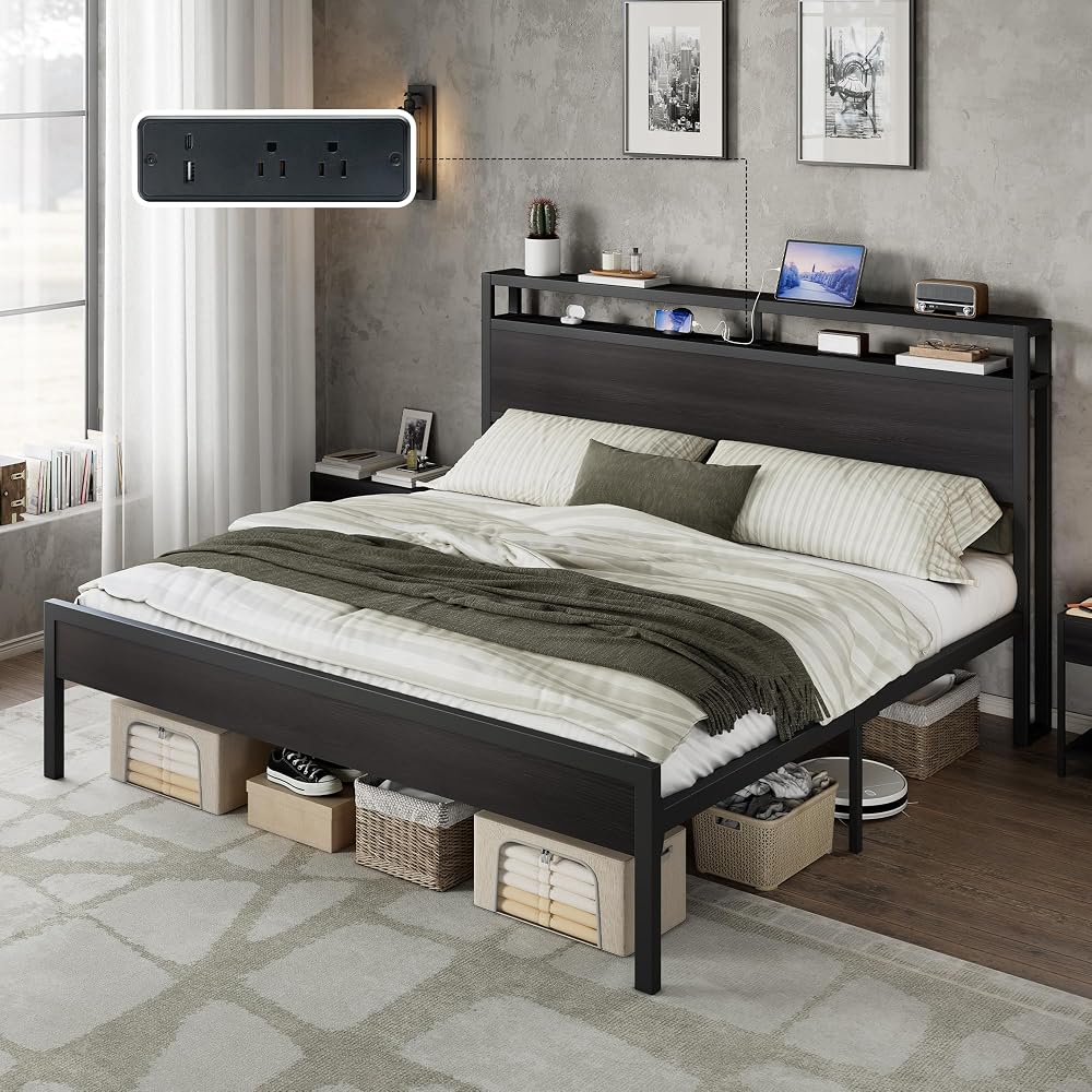 King Size Platform Bed Frame with Charging Station