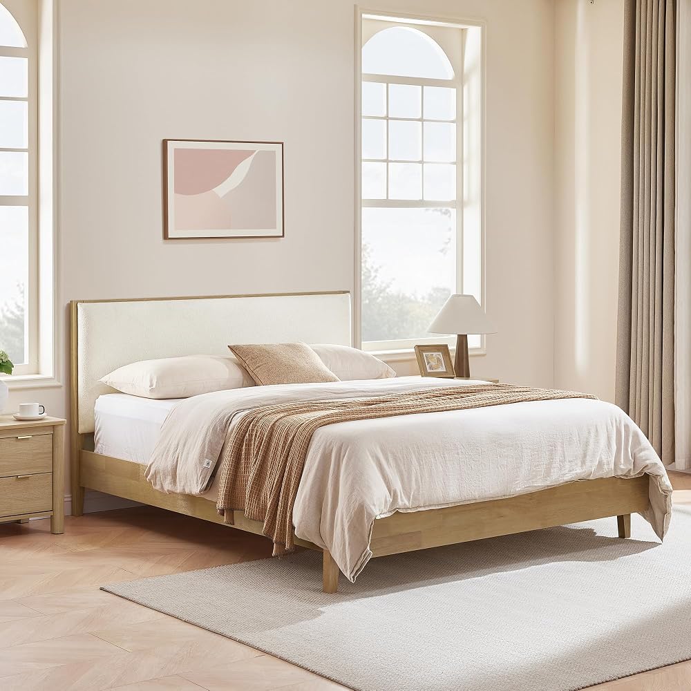 Queen Size Platform Bed Frame, with Boucle Upholstered Headboard, Oak