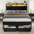 Full Bed Frame with LED Lights & 2-Tier Storage Headboard