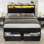 Full Bed Frame with LED Lights & 2-Tier Storage Headboard