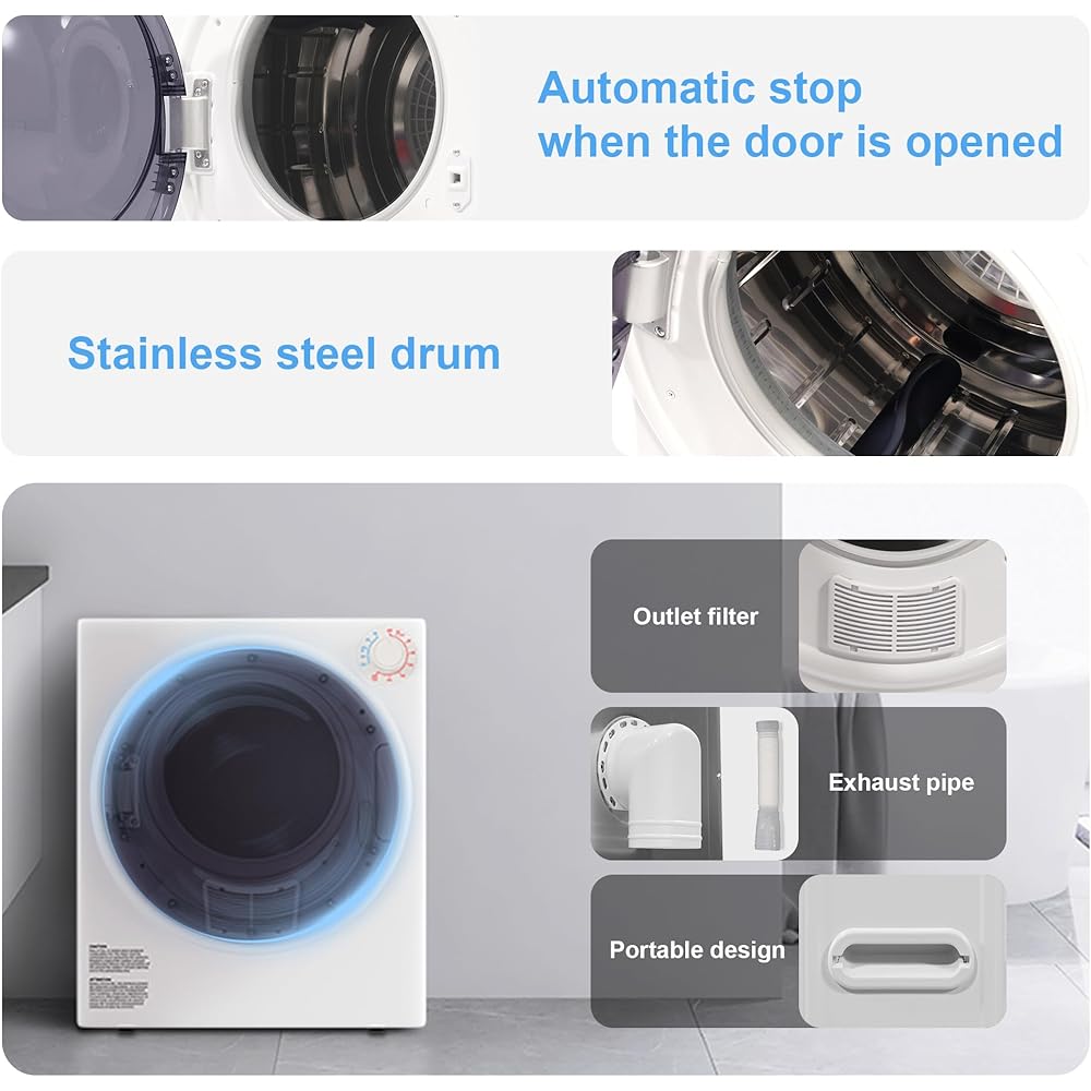 Elevon 800W Portable Clothes Dryer, 2.6 cu.ft Electric Drying Machine for Laundry with Stainless Steel Tub for Apartment, Rvs, Dorms, Compact Dryer for Small Space, White
