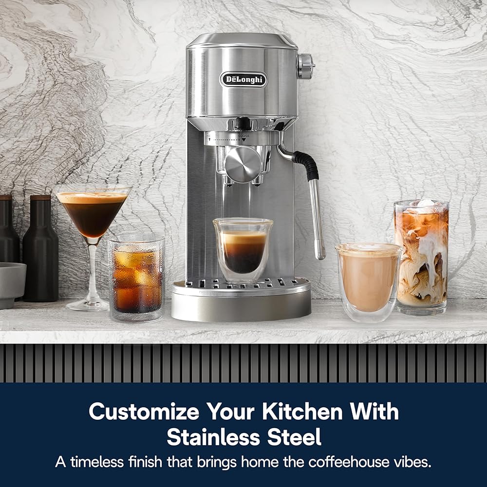 De'Longhi Dedica Duo Compact Espresso Machine Cold Brew Coffee Maker with Milk Frother Wandfor Espresso, Hot &amp; Iced Coffee, Cappuccinos, Lattes &amp; Home Barista Brewing, Stainless Steel