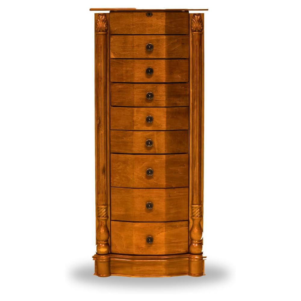 Alveare Home Louisa Standing Locking Jewelry Armoire – Wood Storage Cabinet with Mirror, 8 Drawers, Necklace Hooks, Ring Rolls &amp; Cord Organizing Port – Safe &amp; Elegant Organizer, Oak