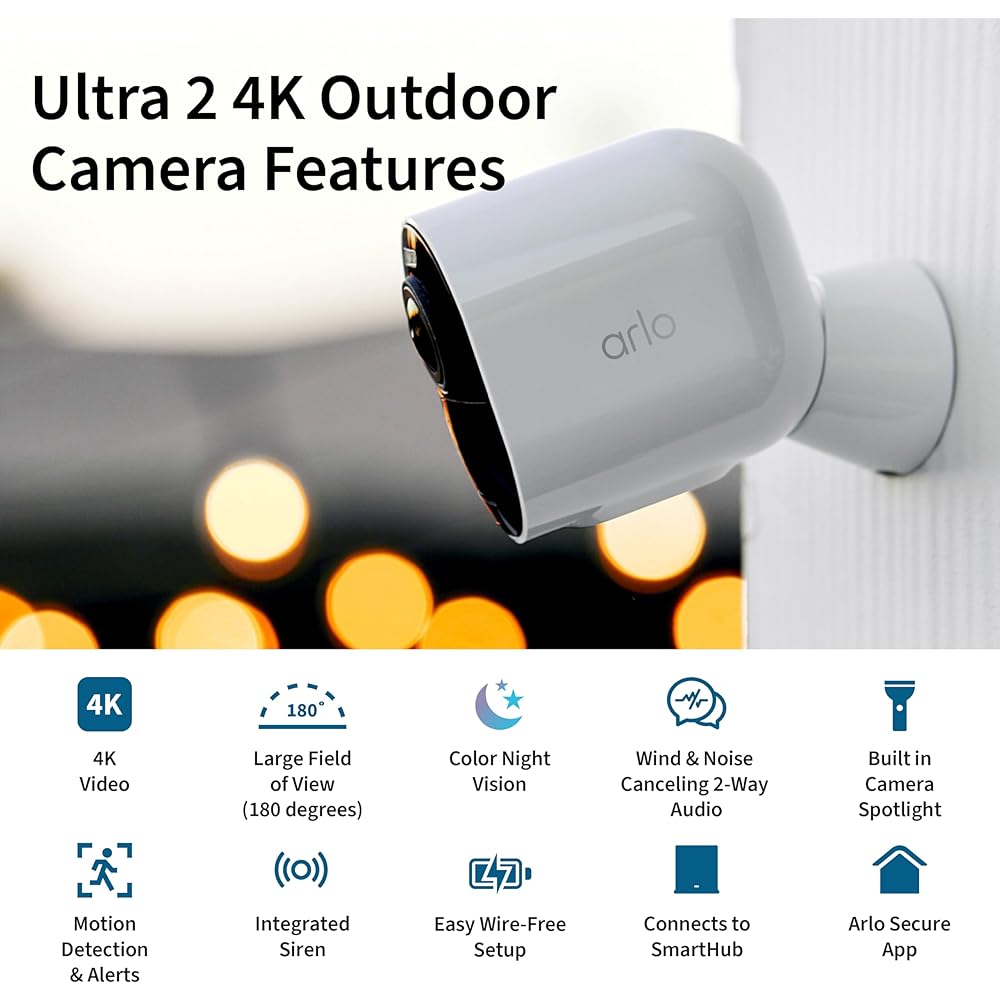 Arlo Ultra 2 Spotlight Camera 4K HDR (2 Cameras, SmartHub Included &amp; Required) | Wireless Home Security Camera | Color Night Vision, Motion Sensor, 180º View, 2-Way Audio, White