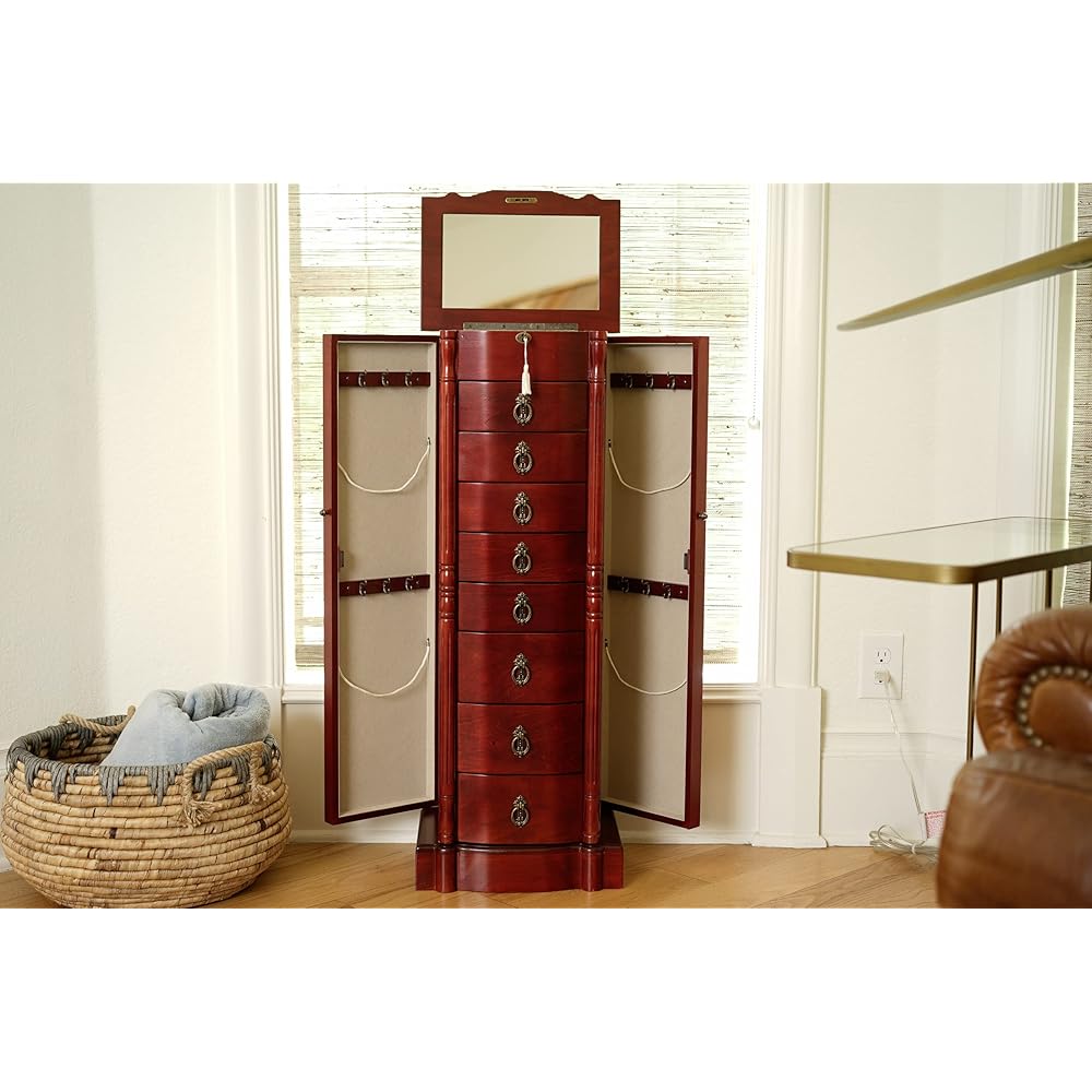Hives and Honey Robyn Traditional Standing Jewelry Armoire Cabinet, Antique Locking Storage Organizer with Mirror, 8 Drawers, Necklace Hooks, Anti-Tarnish Lining, Cherry