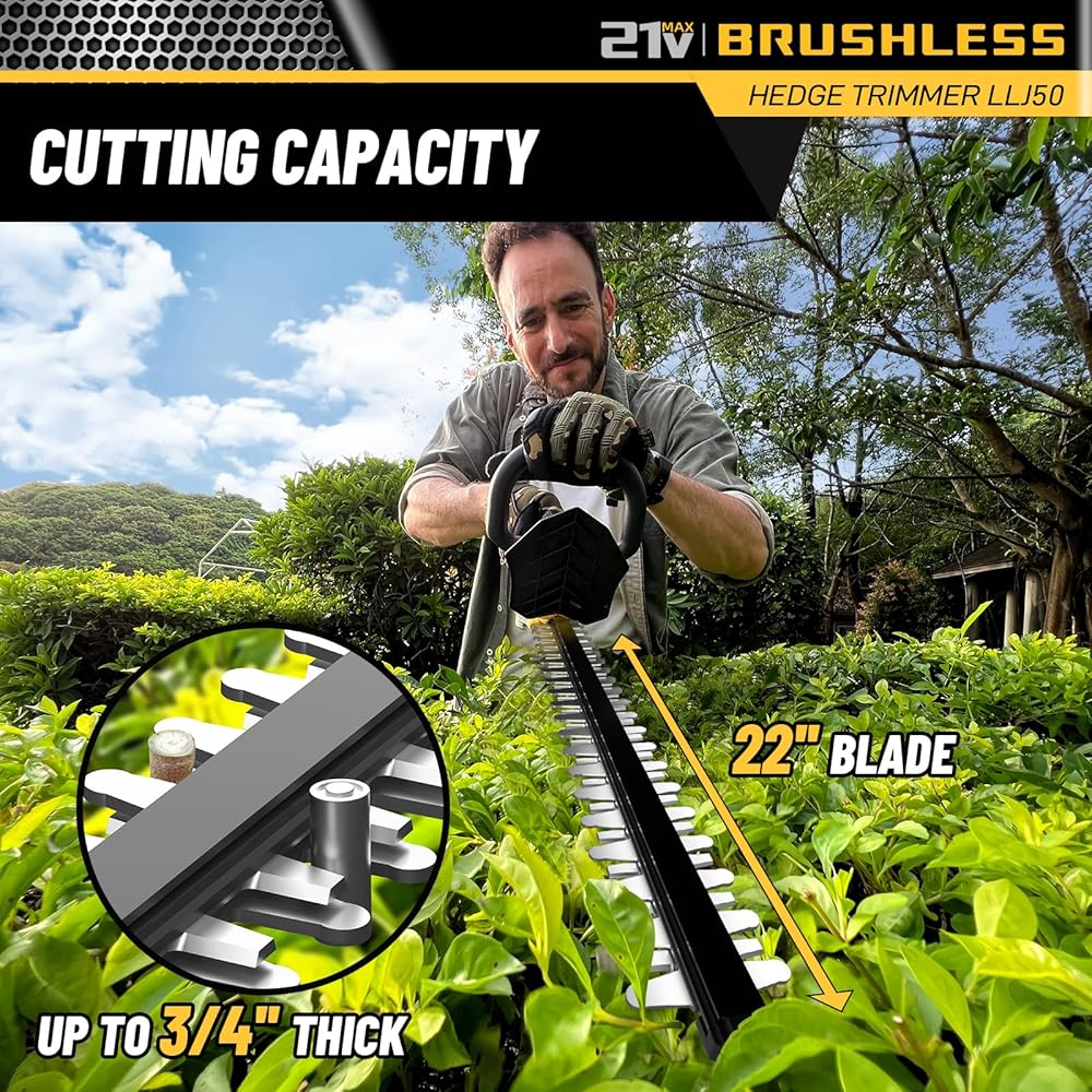 Hedge Trimmer Cordless(Battery &amp; Charger Included), Electric Handheld Bush Shrub Trimmer, 22'' Edge Trimmer with 3/4'' Cutting Capacity &amp; 3000RPM &amp; BRUSHLESS, Compatible with Extension Pole, 4.4LBS