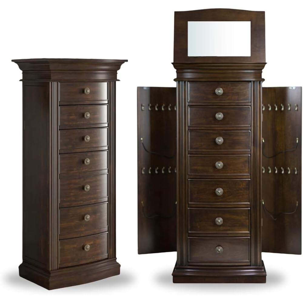 Hives and Honey Landry Standing Jewelry Armoire Cabinet – Jewelry Storage Organizer with Flip-Top Mirror, Side Doors, 7 Drawers, Necklace, Earring, and Bracelet Storage, Walnut