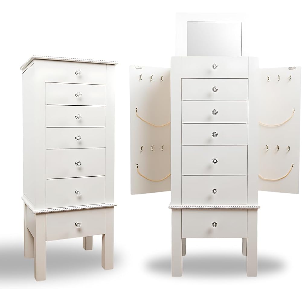 Hives and Honey Crystal Jewelry Armoire Modern White Storage Organizer with Divided Drawers and Necklace Hooks French-Inspired Design with Jewel-Like Pulls Anti-Tarnish Felt Lining