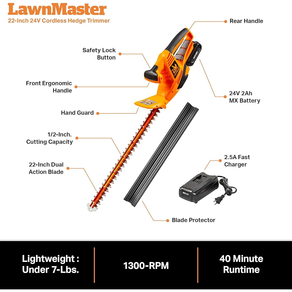 LawnMaster CLHT2422 Cordless Hedge Trimmer 24V Max with 2.0Ah Battery and a Charger