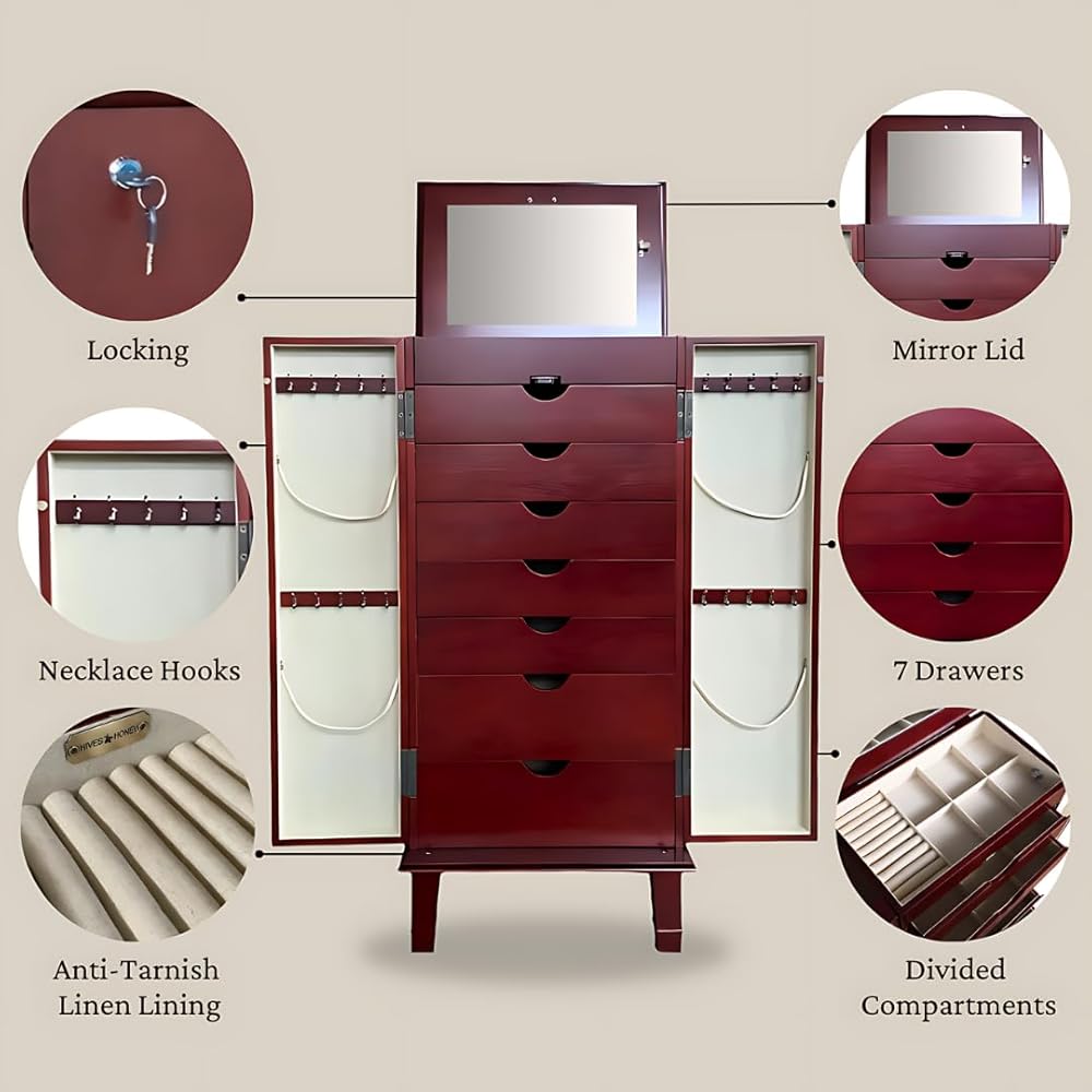 Hives and Honey Casey Fully Locking Jewelry Armoire – Wood Cabinet with Mirror, 7 Storage Drawers, Necklace Hooks, Anti-Tarnish Lining, Divided Compartments – Cherry
