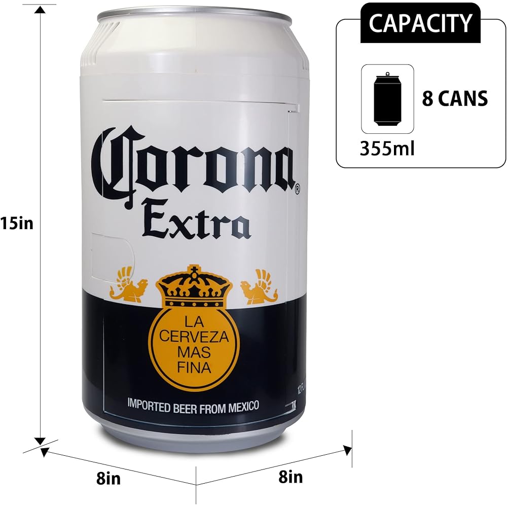 Corona 8 Can Portable Mini Fridge w/ 12V DC and 110V AC Cords, 5.4L (5.7 qt) Beer Can Shaped Personal Cooler, White, Travel Fridge for Beer, Snacks, Lunch, Drinks, Home, Office, Bar, Dorm, RV