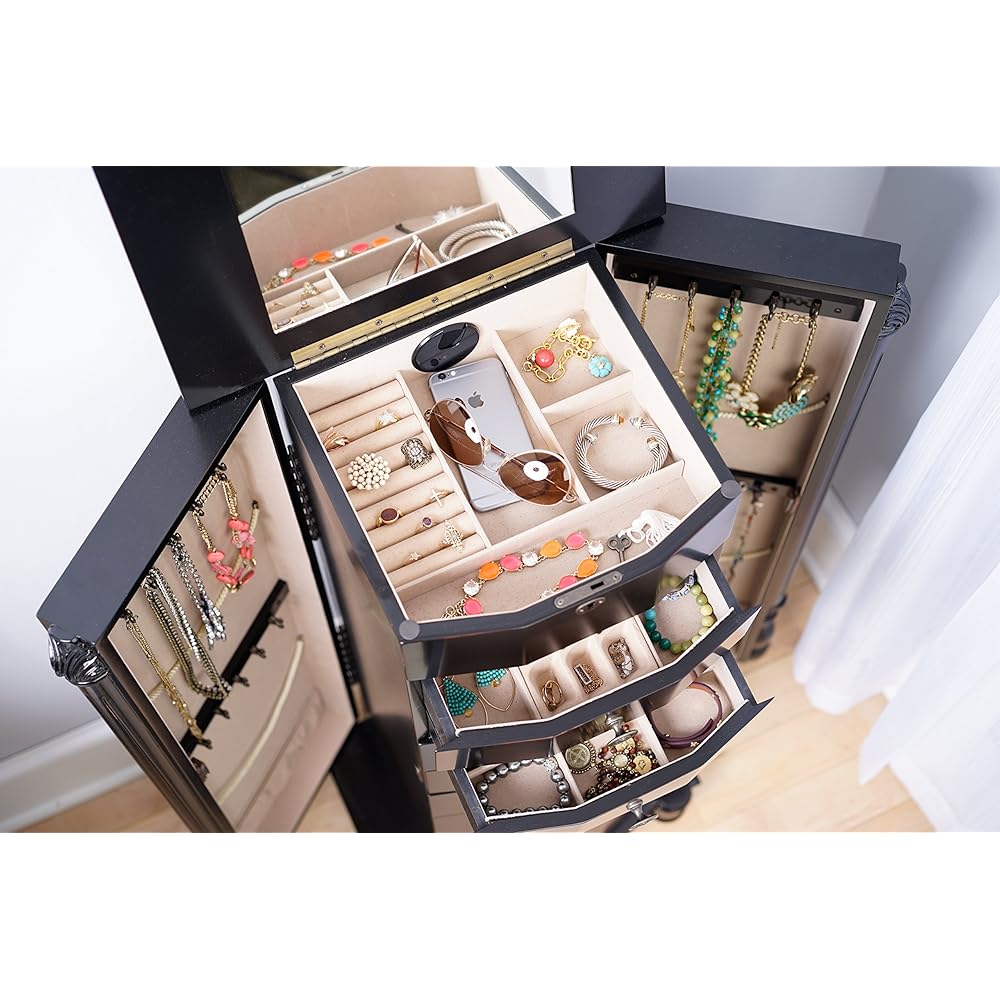 Hives and Honey Roman Jewelry Armoire Locking Jewelry Storage Organizer, Black