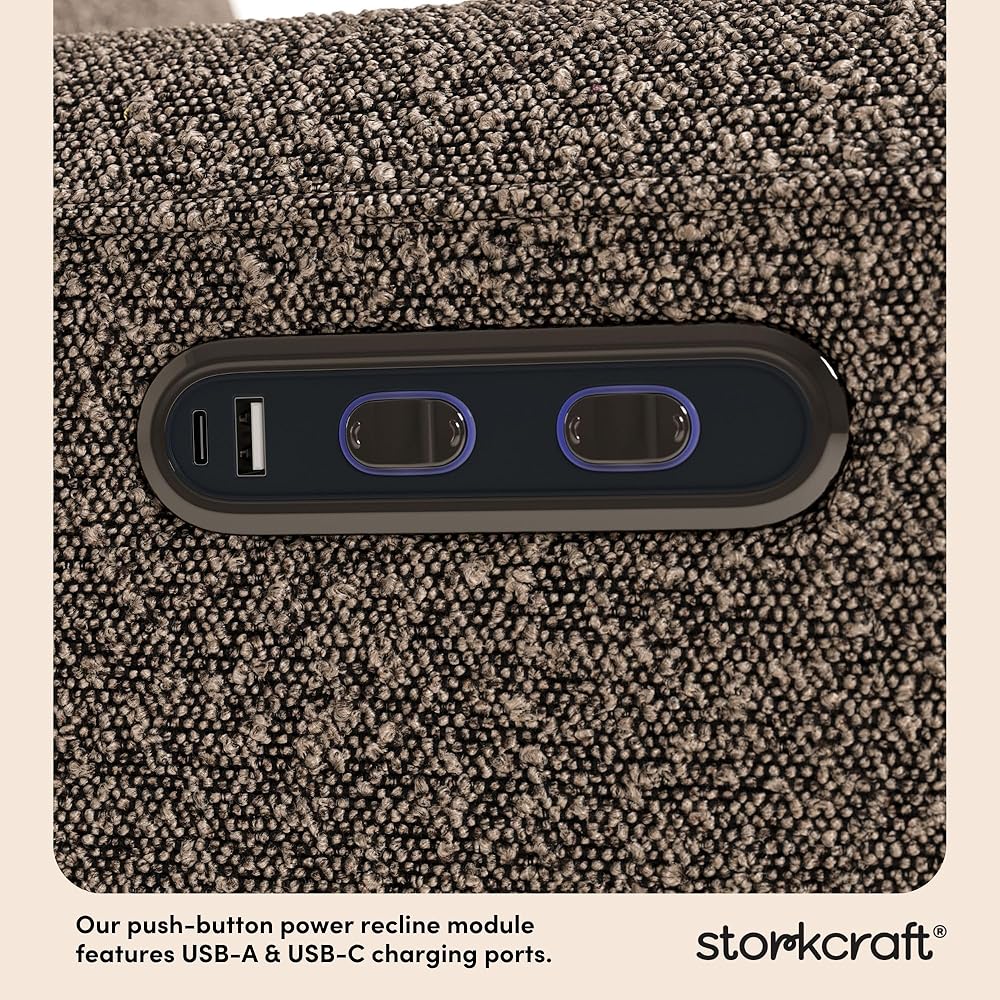 Storkcraft Amalfi Deluxe Power Recliner Swivel Glider (Mountain Brown Boucle) – Premium Electronic Power Recliner for Nursery, Includes Dual-USB Charging Port with USB-A &amp; USB-C, Glider Rocking Chair