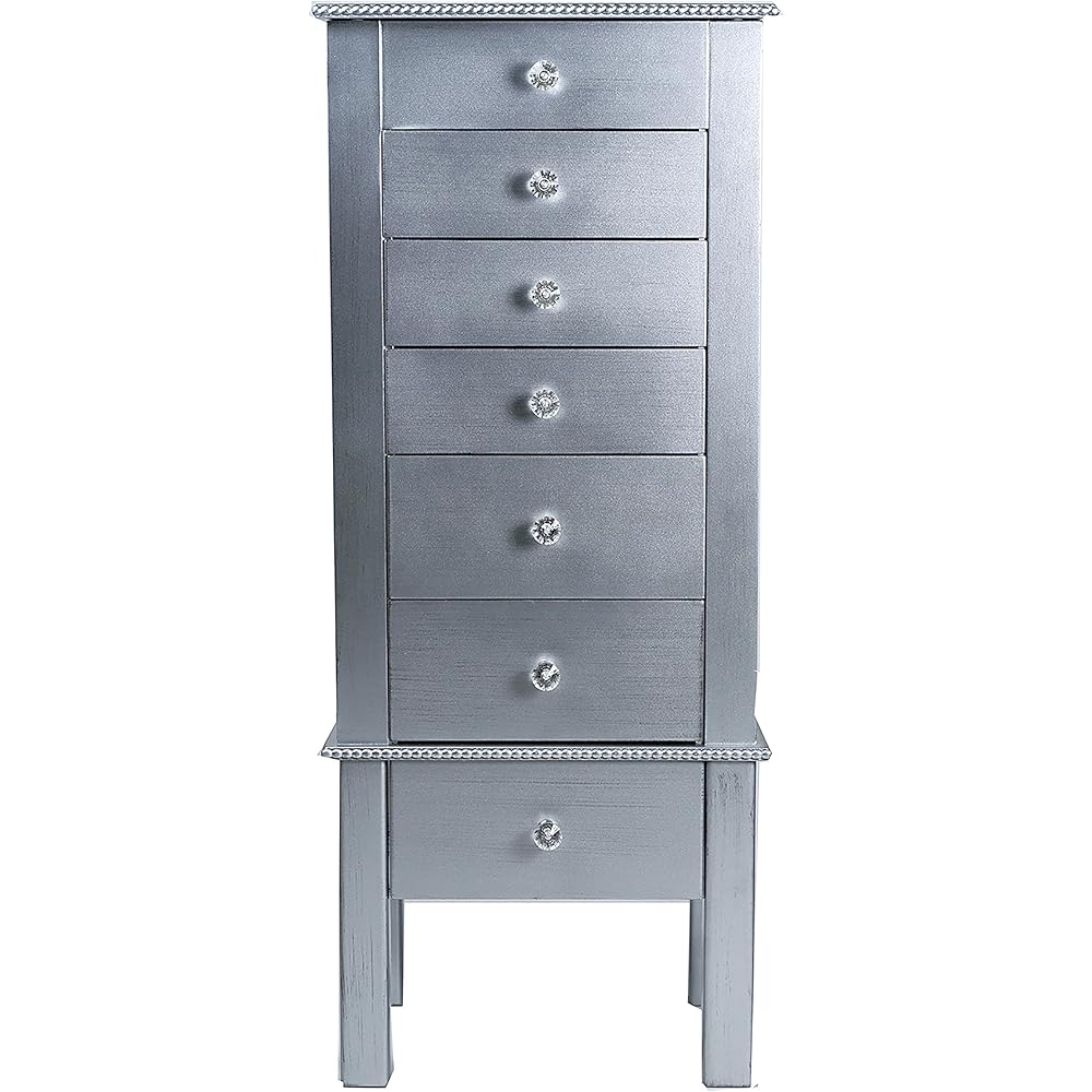 Hives and Honey Crystal, 6 Felt-Lined Drawers, Side Necklace Hooks, Built-in Mirror, Cord Port, Elegant Beaded Trim, Jewel Knobs, Storage Organizer Jewelry Armoire, 38″ H x 16″ W x 12″ D, Silver