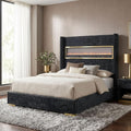 Calliope Modern Boucle Bed Frame with 3D Fireplace Headboard, Bluetooth Speaker and USB Slot, Upholstered Bedframe, No Box Spring Required for Home, Bedroom, Queen, Black