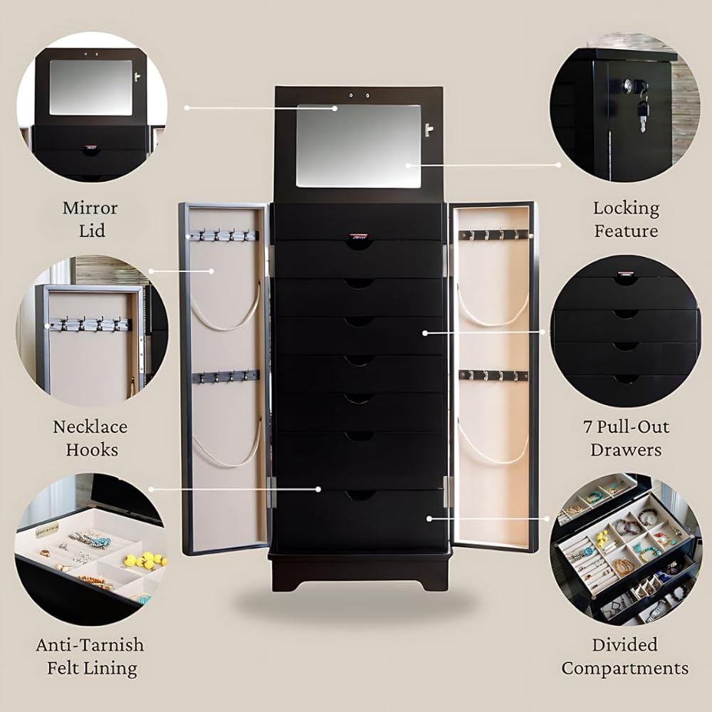 Hives and Honey Porsha Jewelry Armoire Modern 7-Drawer Locking Cabinet with Shutter Doors and Brass Handles, Charcoal