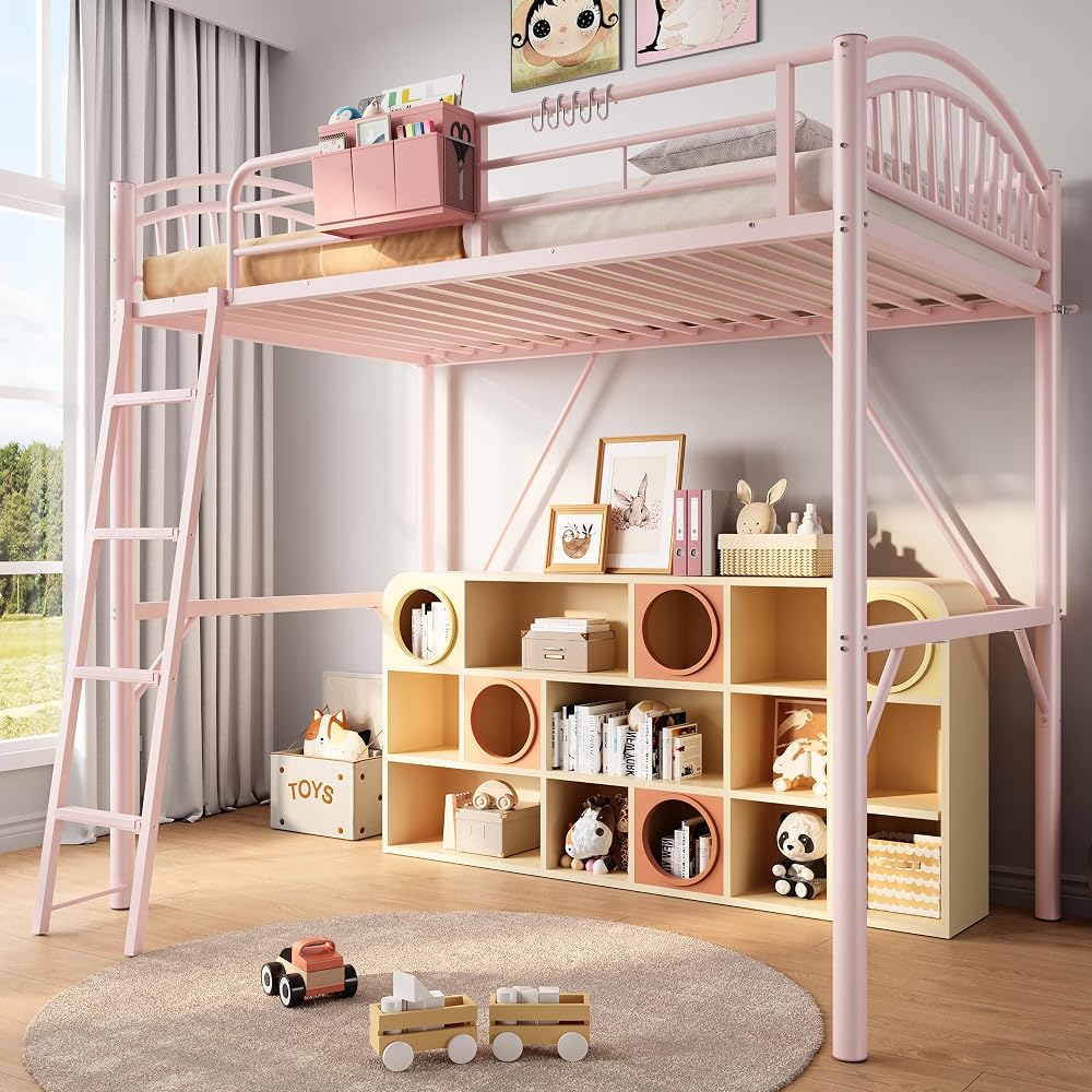 Twin Loft Bed with Convertible Ladder & Storage Bag,Safety Guardrails, Pink