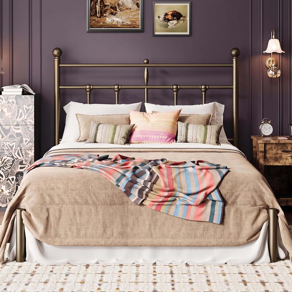 Queen Size Metal Platform Bed Frame with Victorian Vintage Headboard/Under Bed Storage/No Box Spring Needed/Easy Assembly/Noise Free/Mattress Foundation/Gold