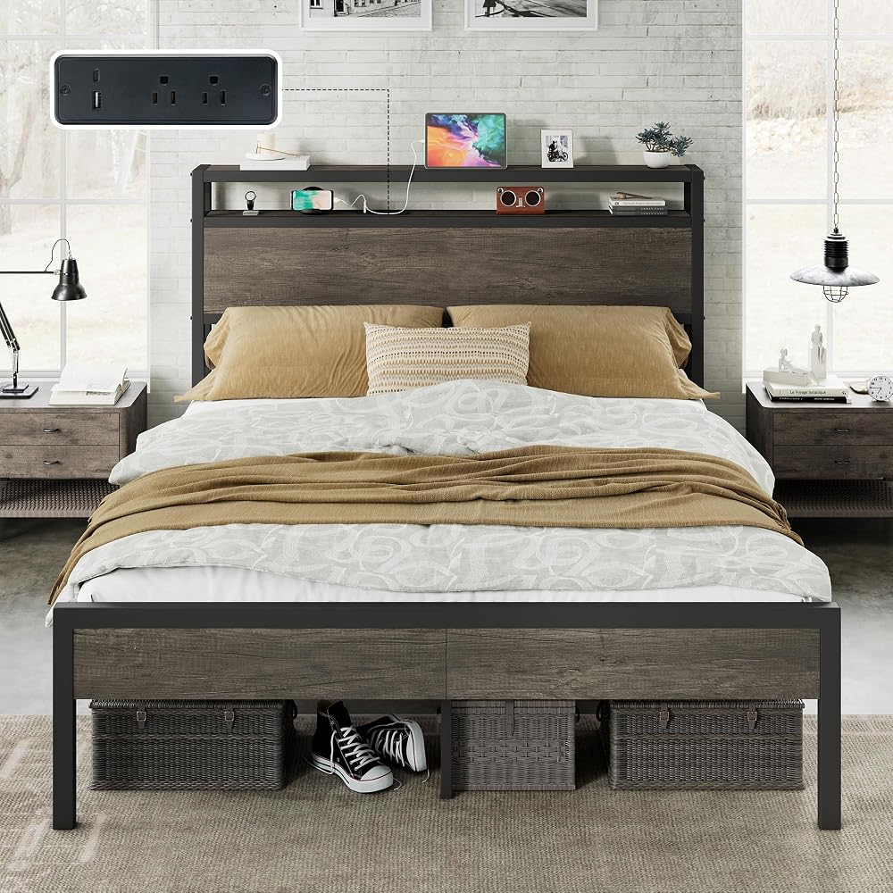 Full Size Metal Bed Frame with Charging Station