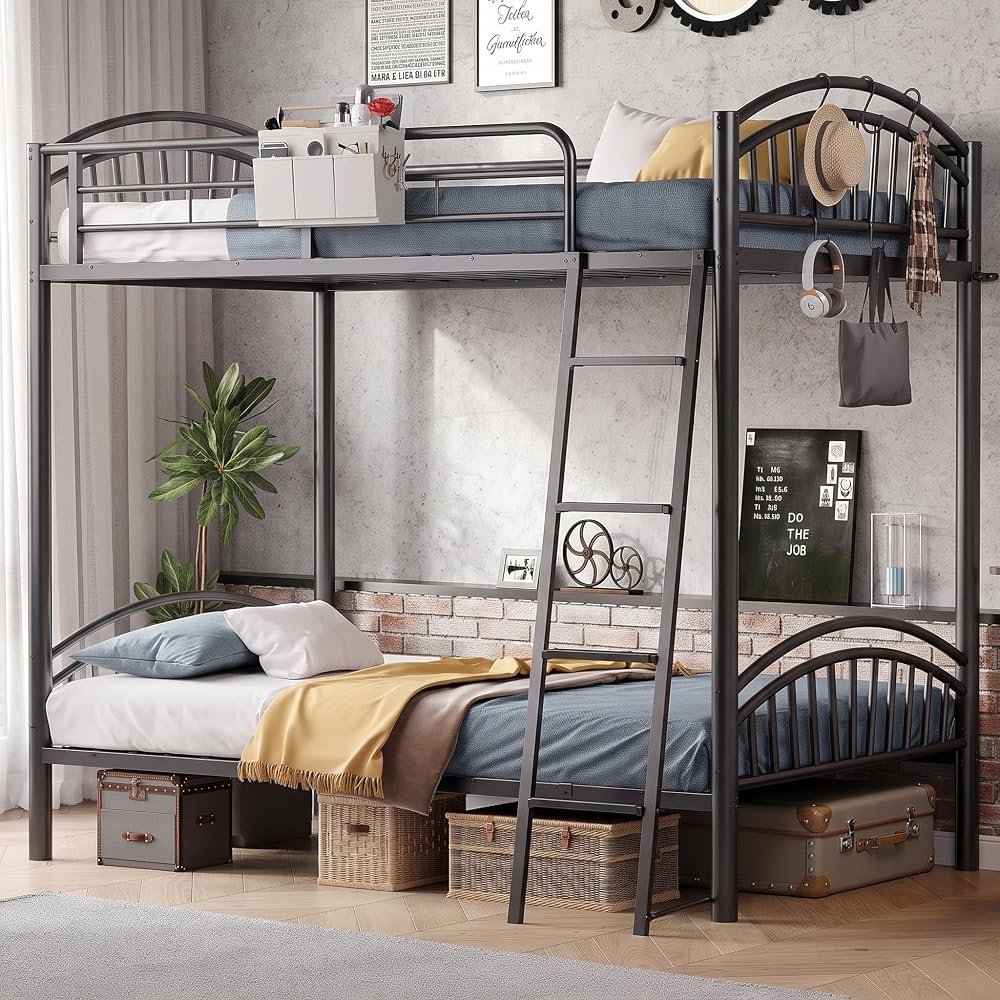 Bunk Bed Twin Over Twin Metal Bunkbeds with Bedside Caddy, Convertible Ladder&Flat Rungs Space Saving Loft Bed for Adult&Teen