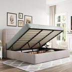 King Size Lift Up Hydraulic Storage Bed Frame Light Beige