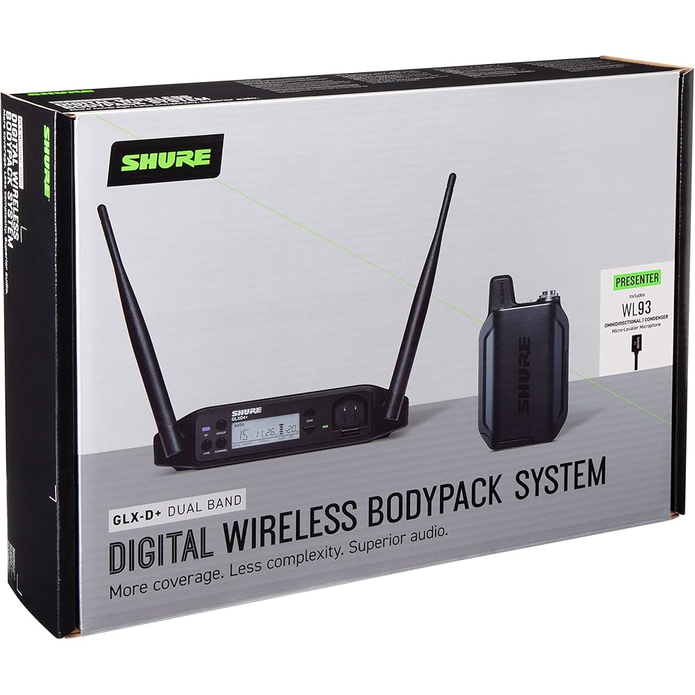 Shure GLXD14+/93 Dual Band Pro Digital Wireless Microphone System for Interviews, Presenting, Theater 12-Hour Battery Life, 100 ft Range | WL93 Lavalier Mic, Single Channel Receiver (GLXD14+/93-Z3)