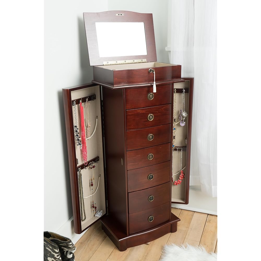 Alveare Home North Locking 7-Drawer Jewelry Armoire – Spacious Organizer with Mirror, Necklace Hooks &amp; Anti-Tarnish Lining, Cherry