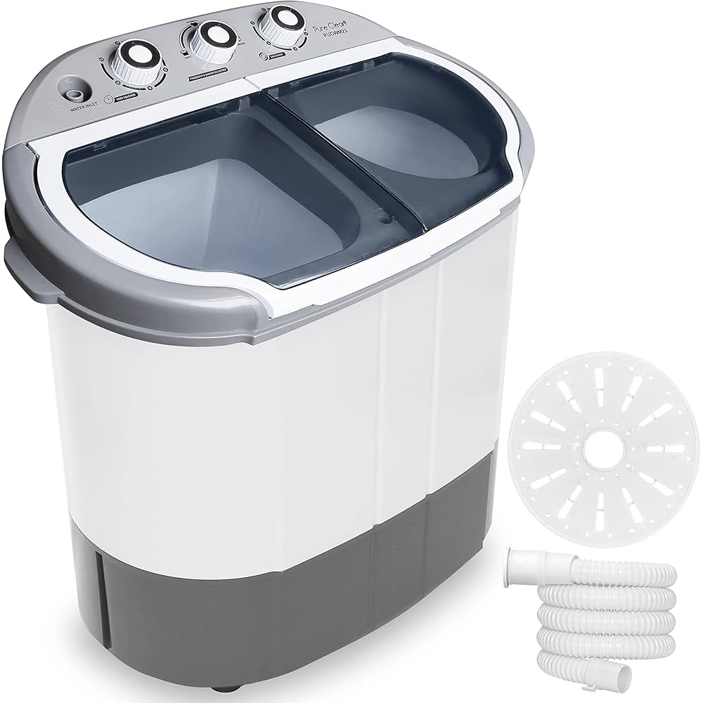 Pure Clean Compact Home Washer &amp; Dryer, 2 in 1 Portable Mini Washing Machine, Twin Tubs, 11lbs. Capacity, 110V, Spin Cycle w/Hose, Translucent Tub Container Window, Ideal for Smaller Laundry Loads, Gray