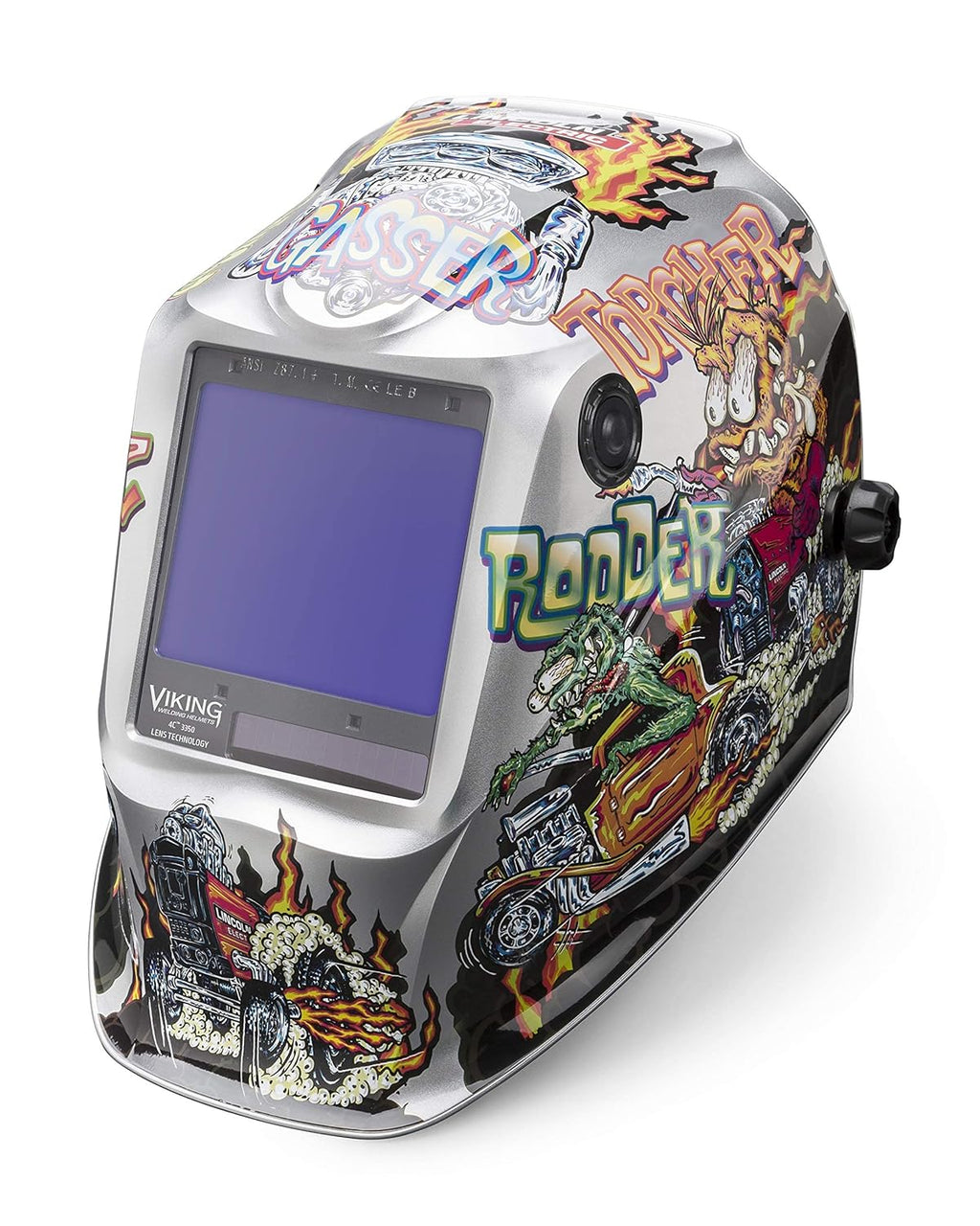 Lincoln Electric Viking 3350 Hot Rodders™ Welding Helmet, Large &amp; Traditional MIG/Stick Welding Gloves | 14" Lined Leather | Kevlar Stitching | K2979-ALL, Black, Red