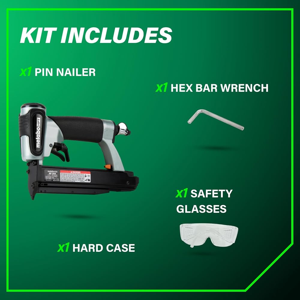 Metabo HPT Pin Nailer, Pro-Preferred Pneumatic Power Nailers for Cabinets, Trim, and Crafting, Makes Invisible Holes, Lightweight 2.0 lbs Tool, 23 Gauge, 5/8" to 1-3/8" Headless Micro Pins, NP35A