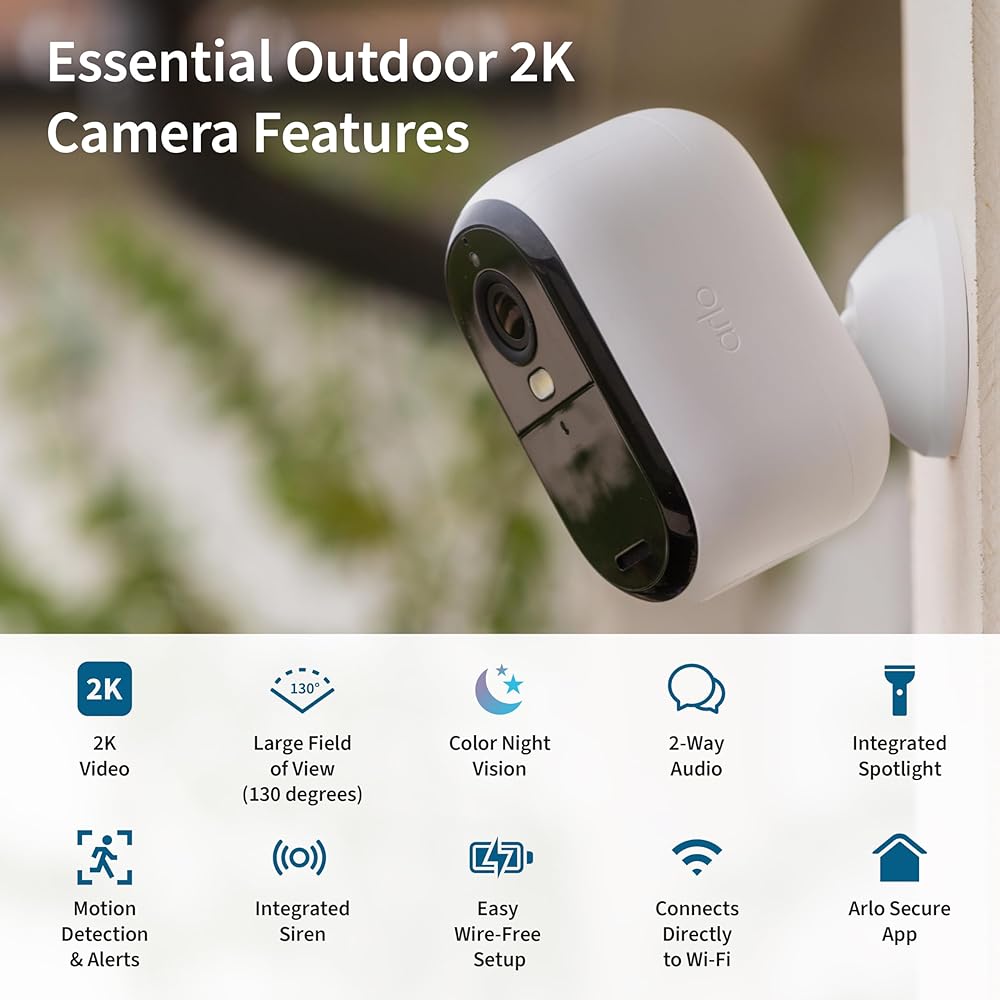 Arlo Essential Wireless Security Camera 2nd Gen with Solar Panel Outdoor &amp; Indoor Wireless Camera with Integrated Spotlight, Color Night Vision, Motion Sensor &amp; DIY Setup White, 1 Pack, VMK3050