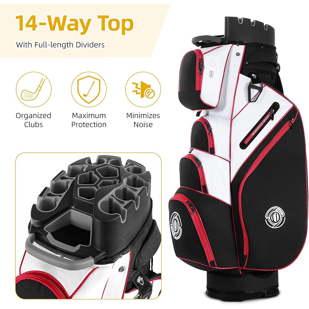 Shopsource Golf Bag, 14 Way Top Golf Cart Bag with Full-Length Dividers, Cart Golf Bag for Men Women, Golf Club Bags with Ergonomic Padded Strap, Zippered Pockets, Rain Hood Black Red and White