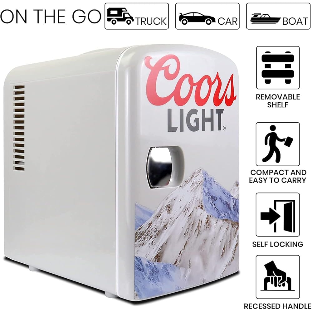 Coors Light 4L Portable Mini Fridge with 12V DC and 110V AC Cords, 6 Can Personal Cooler for Beer, Snacks, Lunch, Drinks, Desk Accessory for Home, Office, Bar, Dorm, Travel, Gray