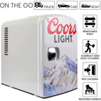 Coors Light 4L Portable Mini Fridge with 12V DC and 110V AC Cords, 6 Can Personal Cooler for Beer, Snacks, Lunch, Drinks, Desk Accessory for Home, Office, Bar, Dorm, Travel, Gray