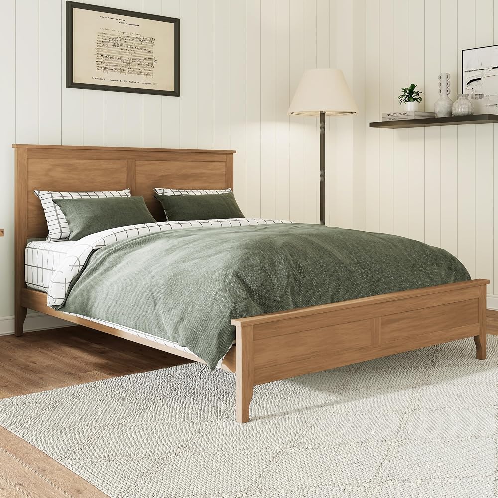 Full Size Pinewood Platform Bed, Modern Bed Frame with Tall Headboard, Solid Bedframe Full-Size for Bedroom Guest Room, Wood Slat Support, No Box Spring Needed, Easy Assembly, Brown