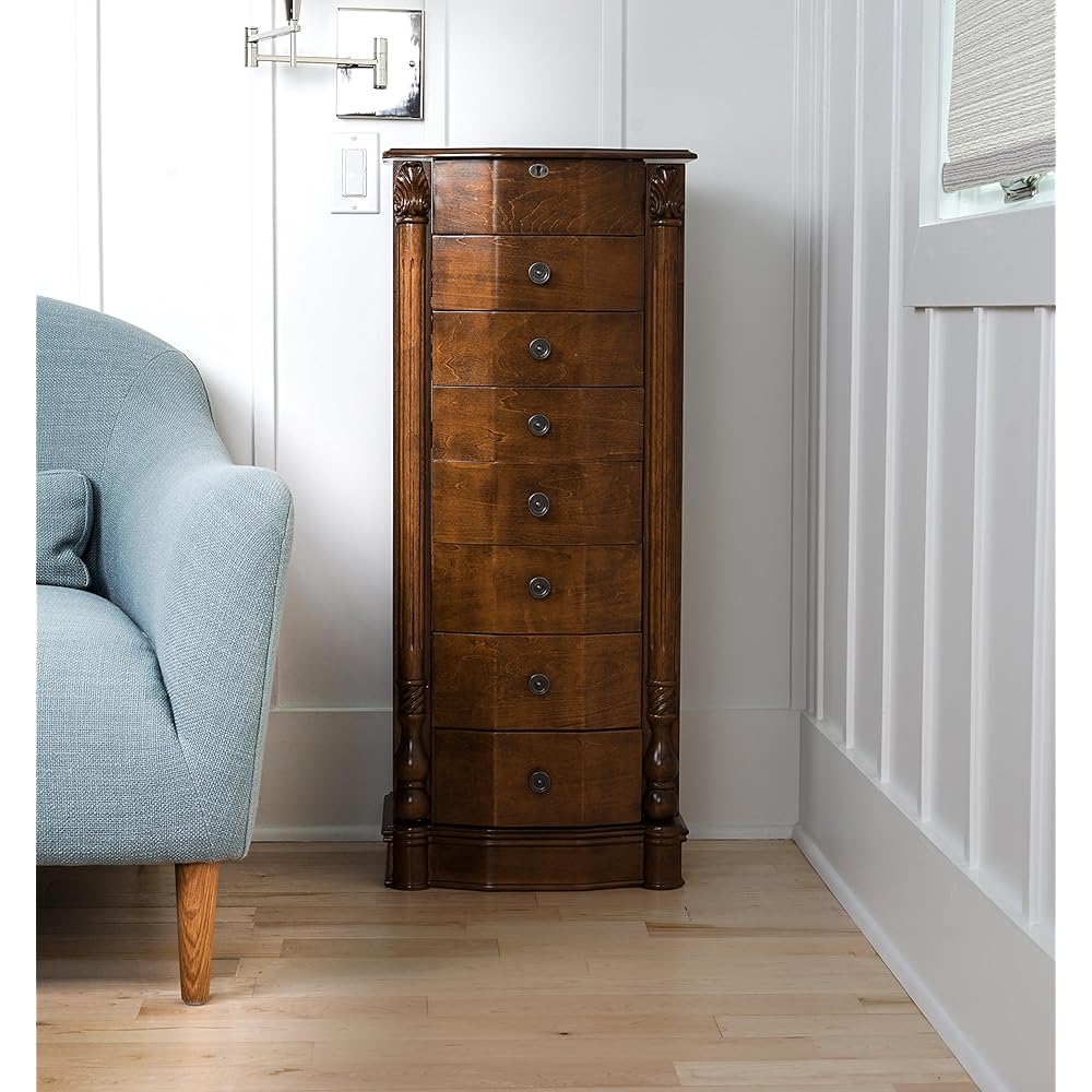 Hives and Honey Angelique Standing Jewelry Armoire, Locking Jewelry Cabinet, 7 Drawers, Necklace Hooks, Mirror, Secure Storage, Dual-Sided Doors, Handcrafted Antique Finish, Elegant Organizer, Walnut