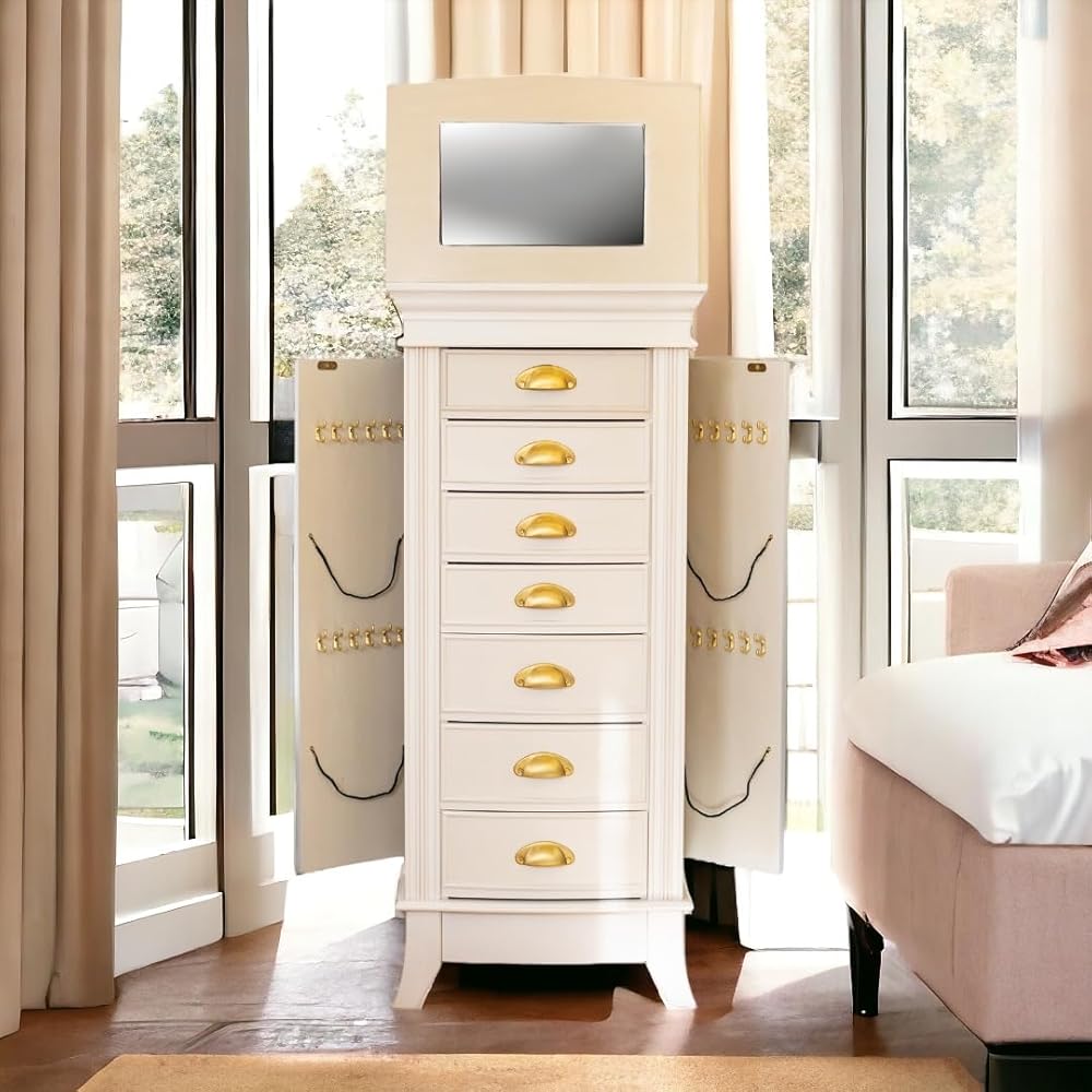 HIVES &amp; HONEY Holly Organizer Storage 7 Drawers Bronze Shaker Hardware Jewelry Armoire, 40" X 18" X 12", White