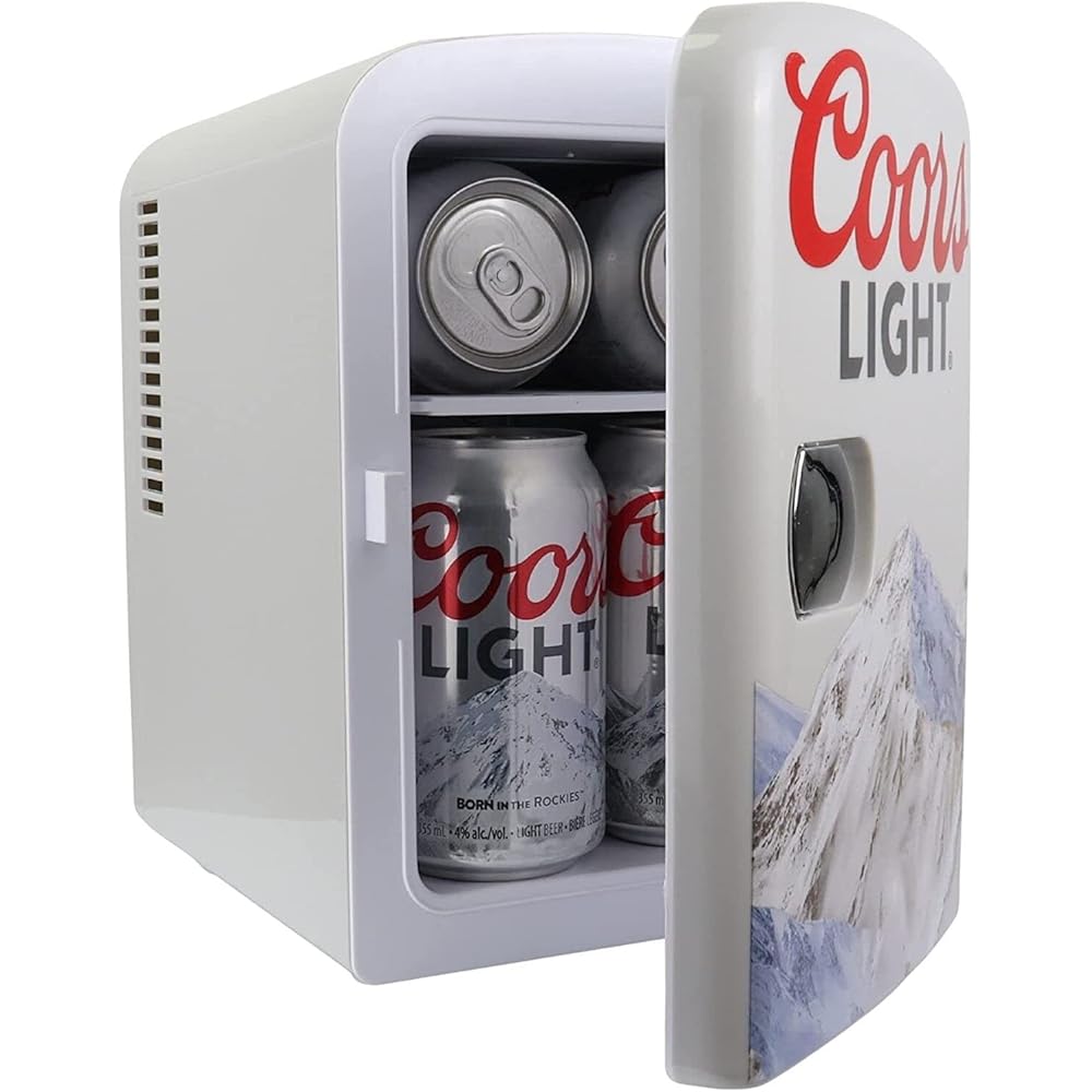 Coors Light 4L Portable Mini Fridge with 12V DC and 110V AC Cords, 6 Can Personal Cooler for Beer, Snacks, Lunch, Drinks, Desk Accessory for Home, Office, Bar, Dorm, Travel, Gray