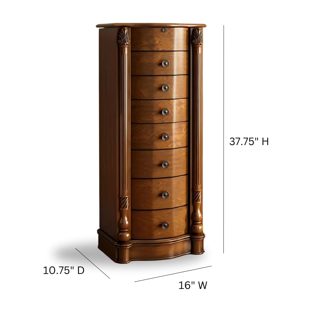 Hives and Honey Annette Standing Jewelry Armoire, Locking Jewelry Cabinet, 7 Drawers, Necklace Hooks, Mirror, Secure Storage, Dual-Sided Doors, Handcrafted Antique Finish, Elegant Organizer, Walnut