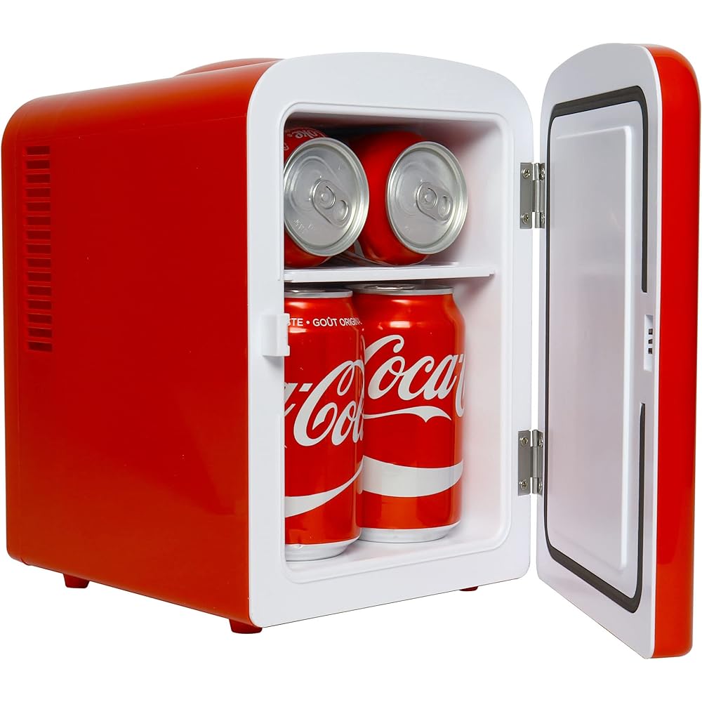 Coca-Cola Classic Coke Bottle 4L Mini Fridge w/ 12V DC and 110V AC Cords, 6 Can Portable Cooler, Personal Travel Refrigerator for Snacks Lunch Drinks Cosmetics, Desk Home Office Dorm, Red