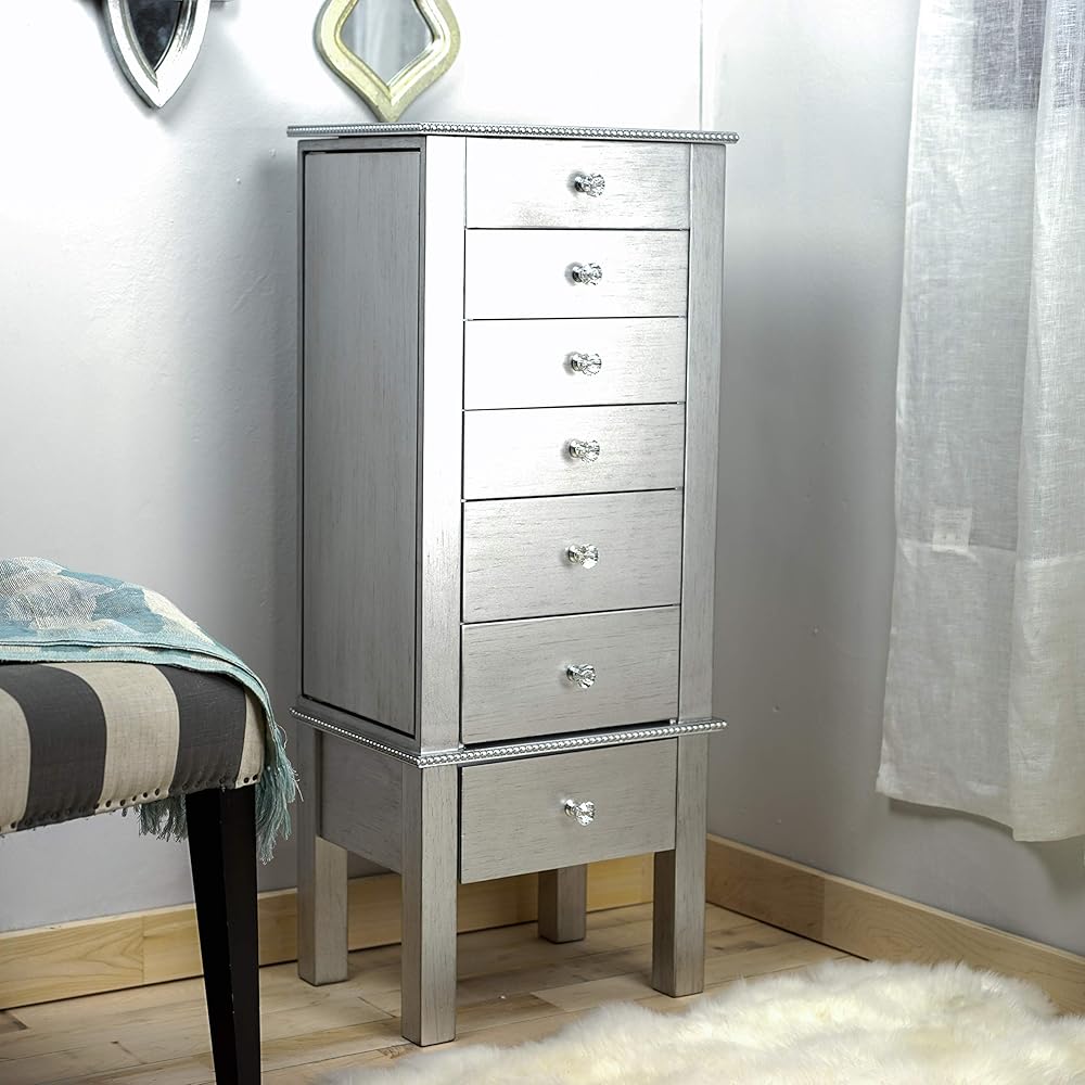Hives and Honey Crystal, 6 Felt-Lined Drawers, Side Necklace Hooks, Built-in Mirror, Cord Port, Elegant Beaded Trim, Jewel Knobs, Storage Organizer Jewelry Armoire, 38″ H x 16″ W x 12″ D, Silver