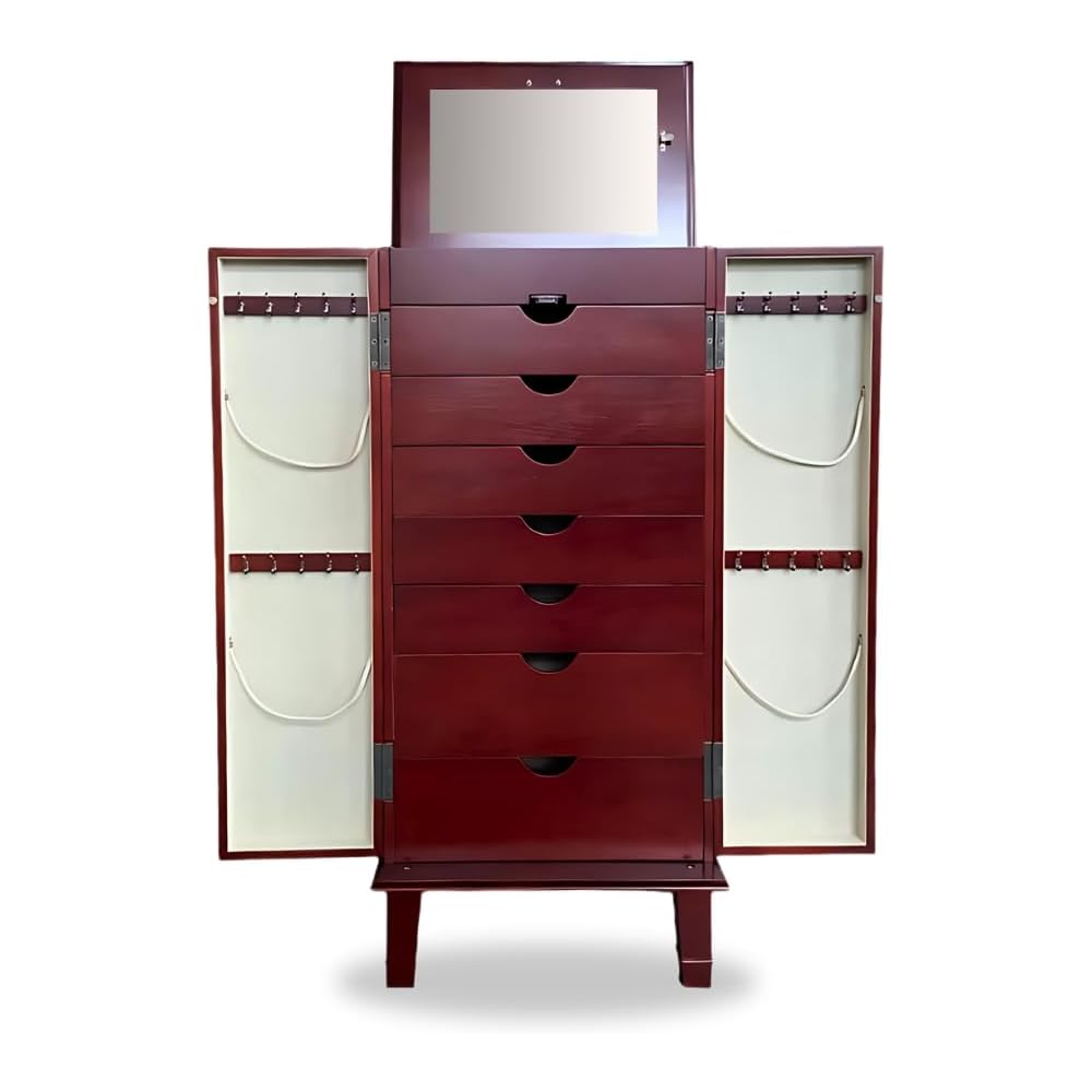 Hives and Honey Casey Fully Locking Jewelry Armoire – Wood Cabinet with Mirror, 7 Storage Drawers, Necklace Hooks, Anti-Tarnish Lining, Divided Compartments – Cherry