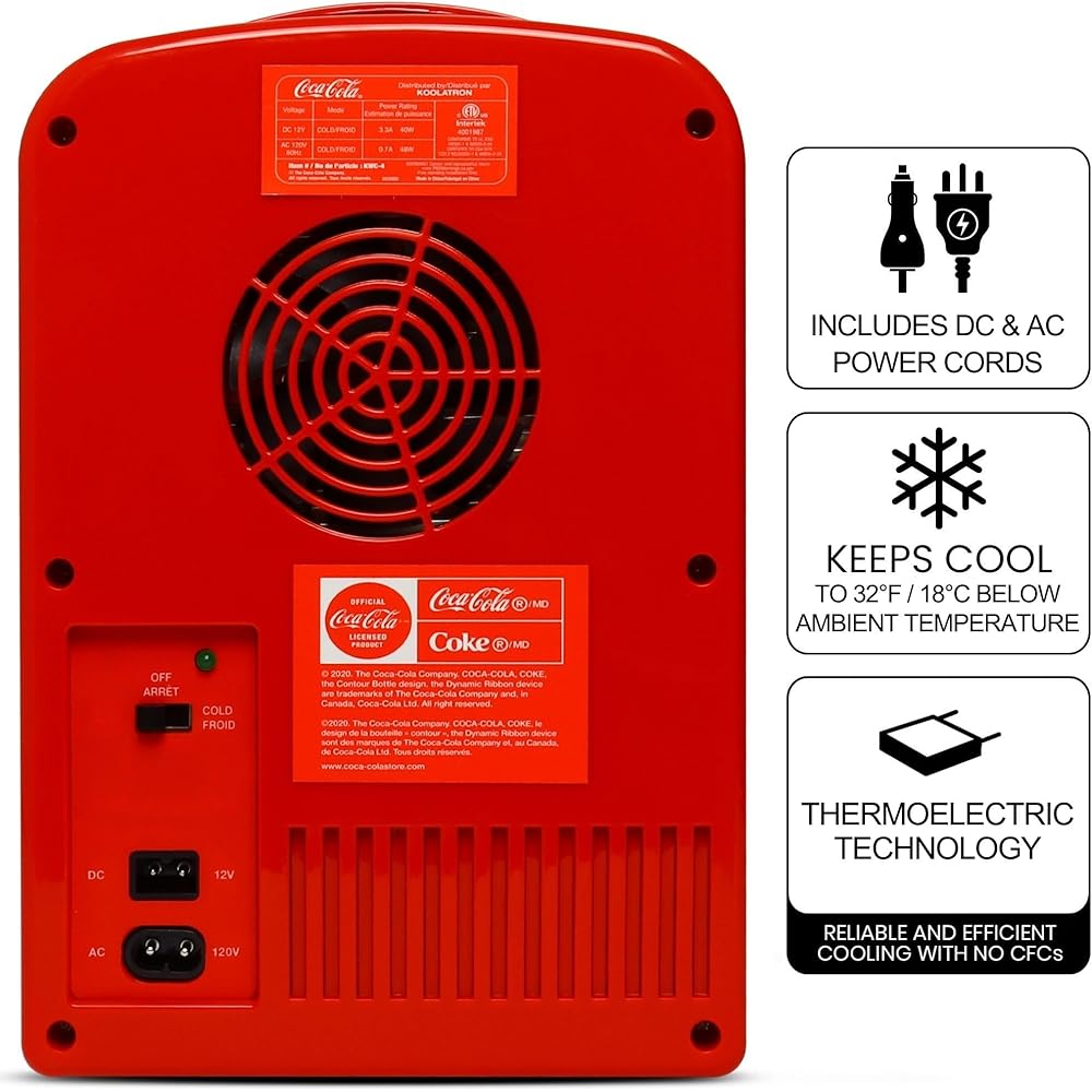 Coca-Cola Classic Coke Bottle 4L Mini Fridge w/ 12V DC and 110V AC Cords, 6 Can Portable Cooler, Personal Travel Refrigerator for Snacks Lunch Drinks Cosmetics, Desk Home Office Dorm, Red