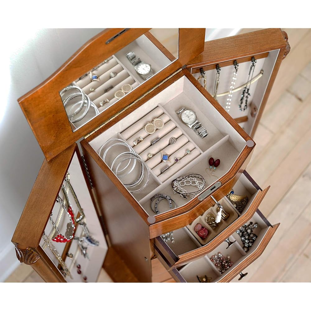 Hives &amp; Honey Antoinette Jewelry Armoire – Elegant Storage Organizer with Locking Top, Necklace Side Doors &amp; 7 Spacious Drawers, Walnut