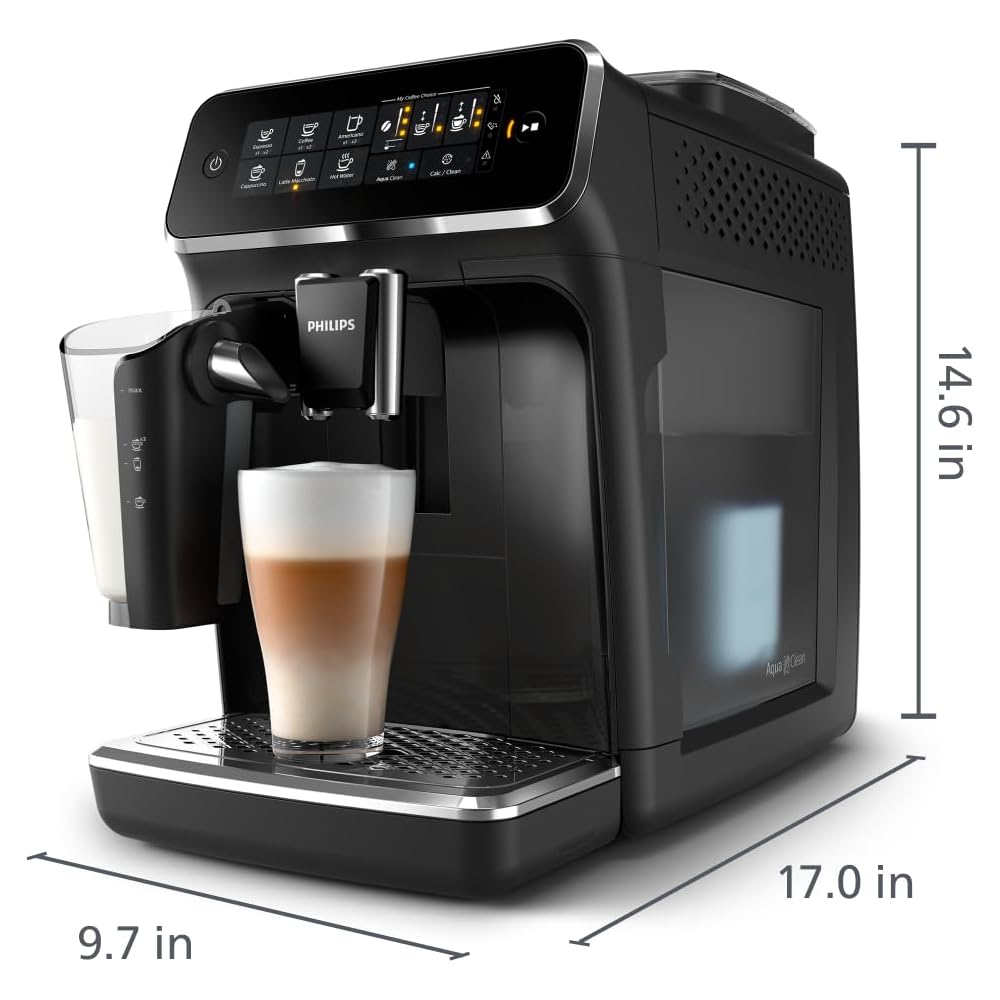 Philips 3200 Series Fully Automatic Espresso Machine, LatteGo Milk Frother, 5 Coffee Varieties, Intuitive Touch Display, 100% Ceramic Grinder, AquaClean Filter, My Coffee Choice, Black (EP3241/54)