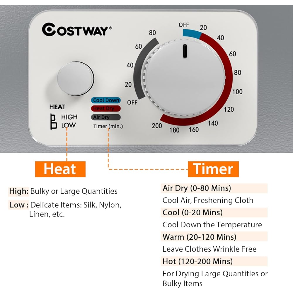 COSTWAY GT-10222US-SL-FPCY, 110V Electric Portable Clothes Stainless Steel Tub, Panel Downside Easy Control for 4 Automatic Drying Mode Compact Laundry Dryer, Silver