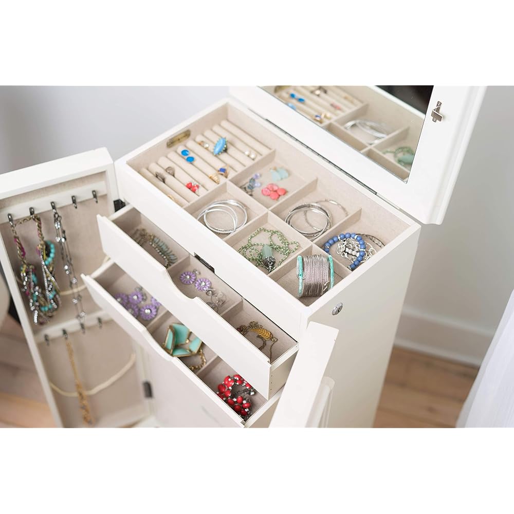 Hives and Honey Cabby Standing Jewelry Armoire – Fully Locking Wood Jewelry Storage with Mirror, 7 Drawers, Necklace Hooks, and Anti-Tarnish Lining – White