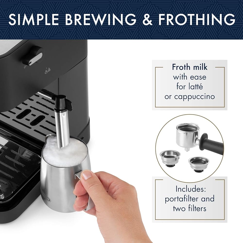 De'Longhi Stilosa Manual Espresso Machine, Compact Coffee Maker, 15 Bar Pump Pressure, Manual Milk Frother Steam Wand for Authentic Single &amp; Double Espresso, Lattes &amp; Cappuccinos, Tamper Included