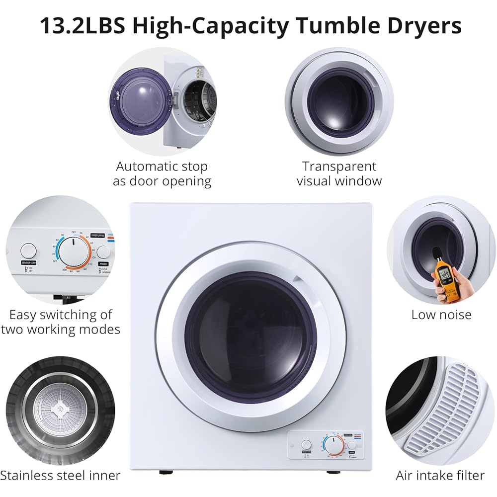 SXYCMY Clothes Dryer, Portable Laundry Dryer Dries Up to 13.2LB Compact Laundry Dryers, 3.5 cu.ft Front Load Tumble Stainless Steel Electric Dryer Machine with Stainless Steel Tub &amp; Easy Control Knob