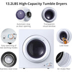 SXYCMY Clothes Dryer, Portable Laundry Dryer Dries Up to 13.2LB Compact Laundry Dryers, 3.5 cu.ft Front Load Tumble Stainless Steel Electric Dryer Machine with Stainless Steel Tub &amp; Easy Control Knob